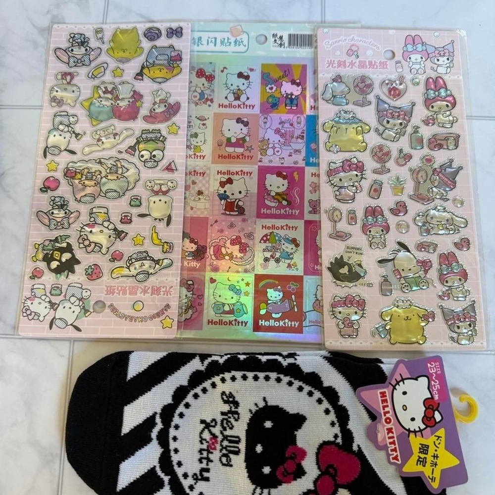4-Piece grunge Sanrio Hello Kitty Socks & Holographic Stickers Bundle NWT - Picture 6 of 8